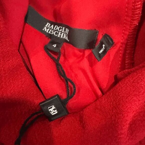 NWOT Badgley Mischka Red Mock Neck Knee Length Dress Pintucks Back Zip Size 4 - Picture 7 of 14